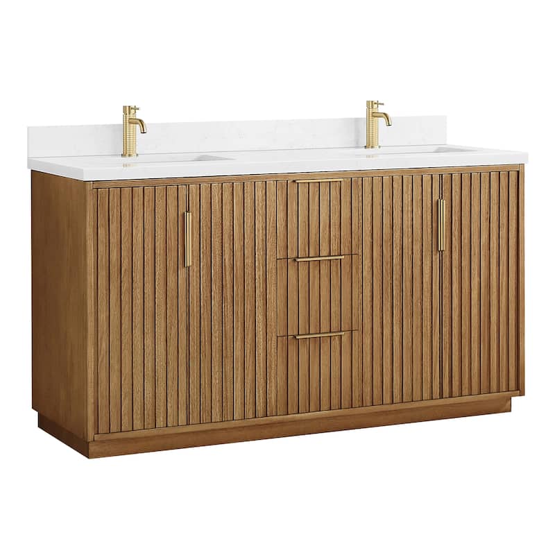 Bangkok Bath Vanity with White Grain Stone Top, no Mirror - 60" Double Sink - Mango Wood Light Brown