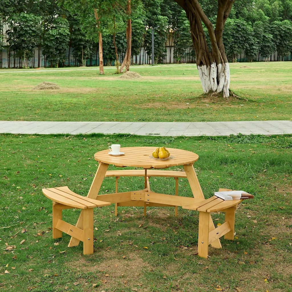 Roomfitters Outdoor 6 Person Picnic Table, 6 person Round Picnic Table with 3 Built-in Benches, Natural