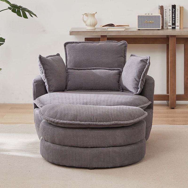 38"W Corduroy Oversized Swivel Chair with moon storage ottoman
