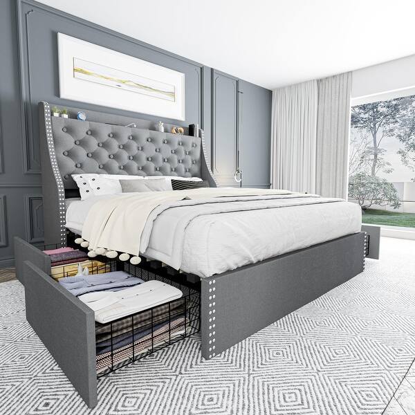 Bed Frame with 4 Storage Drawers and Headboard