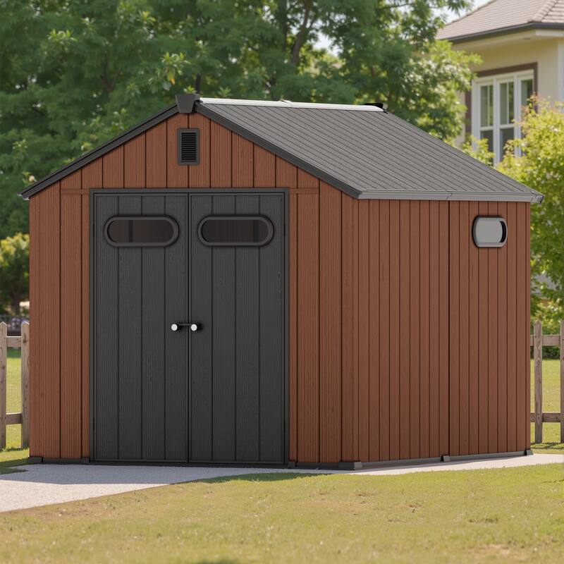 8' x 8' / 8' x 10'/ 8' x 12' Outdoor Resin Storage Shed with Floor & Lockable Doors All-Weather Garden Tool Storage for Patio - Brown - 8' x 10'