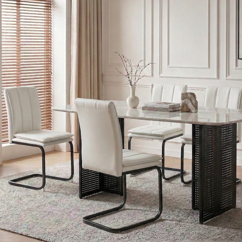 Rectangular Tempered Glass Dining Table for 6, Featuring a Marble-Patterned Design with black Hollow-Out Metal Legs