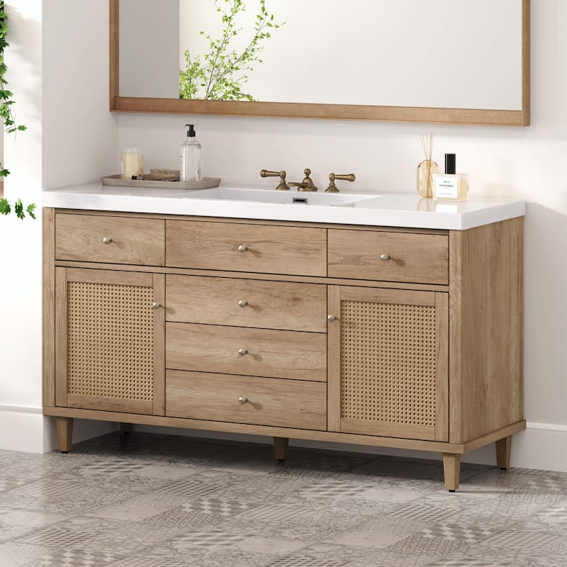 60" Bathroom Vanity with SMC Sink - Modern Large Storage Cabinet with Soft Close Drawers and Rattan Doors