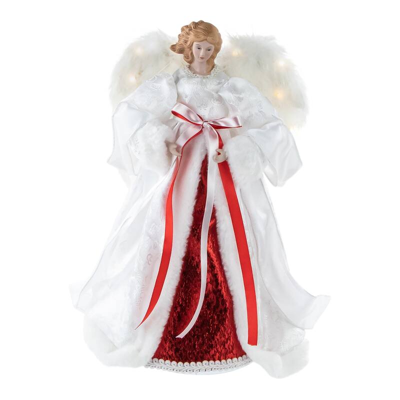 14" Angel with Lighted Wings Christmas Tree Topper - White and Red