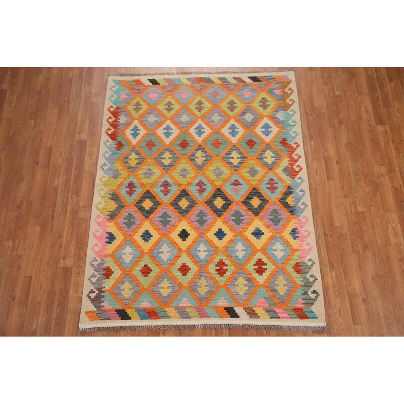 Hand Woven Oriental 100% Wool Carpet Southwestern All-Over Oranges & Rust Kilim Area Rug - 6' 7'' X 5' 0''