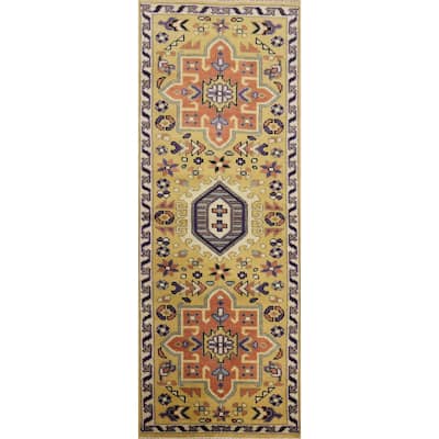 Hand-knotted Traditional Wool Yellow Geometric Area Rug Oriental Carpet - 8' 0'' X 2' 7''