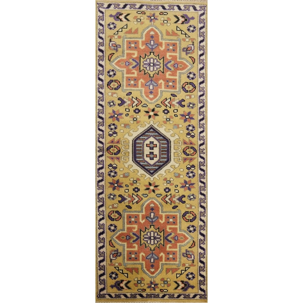 Hand-knotted Traditional Wool Yellow Geometric Area Rug Oriental Carpet - 8' 0'' X 2' 7''