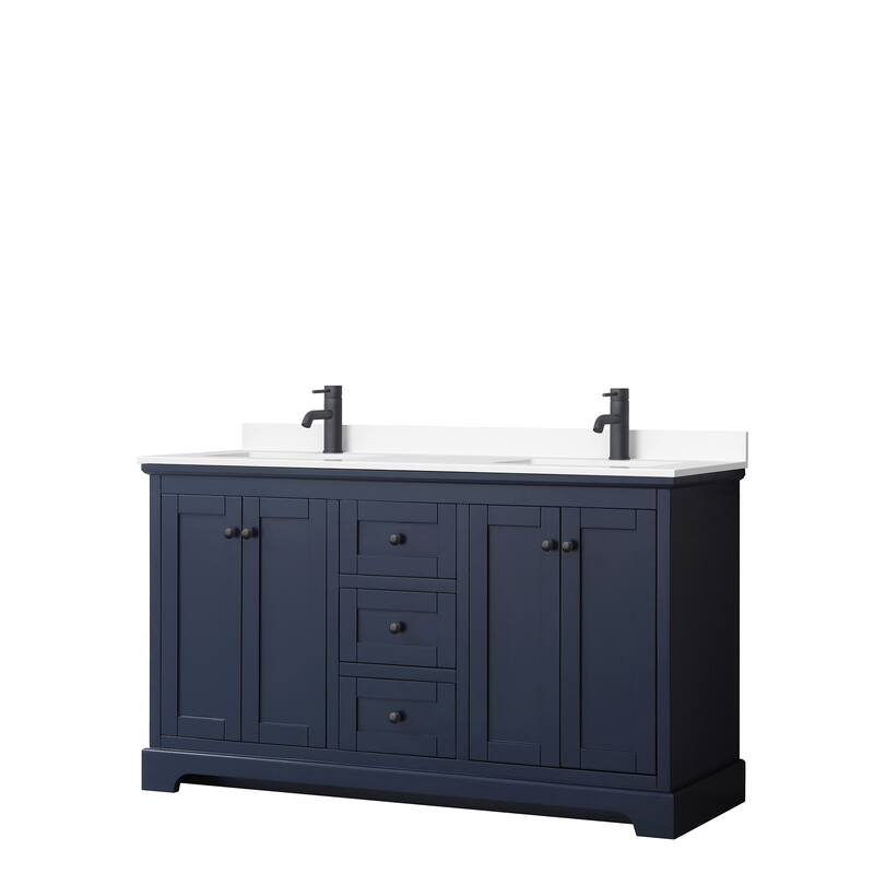 Avery 60 Inch Double Vanity, Cultured Marble Top - Dark Blue, Black Trim, White Cultured Marble Top