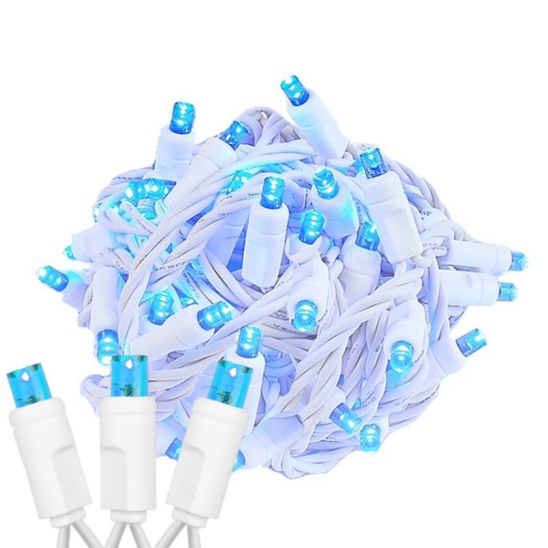 50 Light LED Christmas Mini Light Set, Patio Lights, Warm White, White Wire, 11’ - Blue
