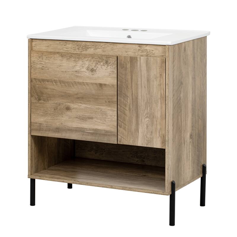 30" Bathroom Vanity with Ceramic Basin Sink, Freestanding Bathroom Storage Cabinet with Sliding Drawer, Doors and Open Shelf