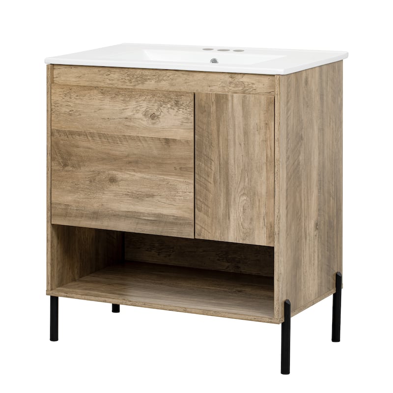 Bathroom Storage Vanity Cabinet with Ceramic Basin Sink Top Soft-Closing Door Cabinet and Open Shelf, Deep Drawer with Dividers