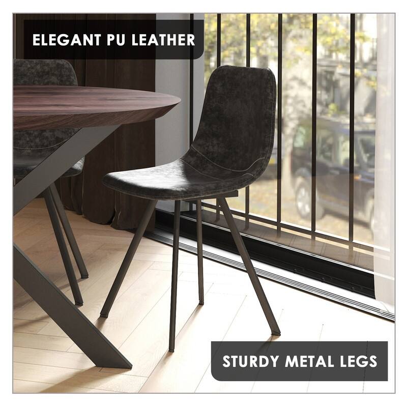 Markley Dining Chair with Leather Seat in Black Steel Legs, Scratch-Resistant, Ergonomic & Comfortable Modern Kitchen Chair