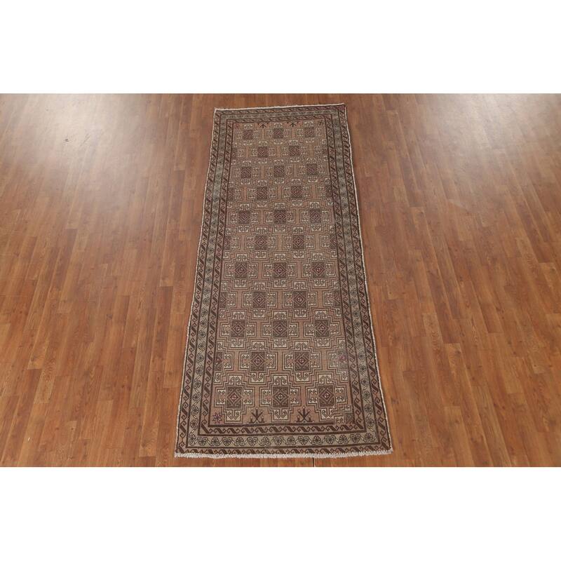 Geometric Balouch Persian Vintage Runner Rug Handmade Wool Carpet - 3'4" x 8'8"