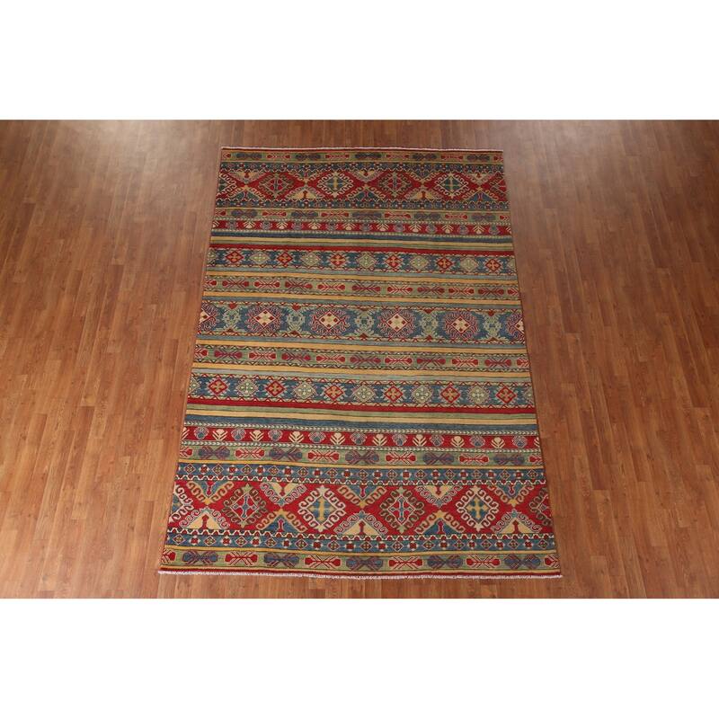Striped Kazak Oriental Area Rug Handmade Wool Carpet - 6'7" x 9'10"