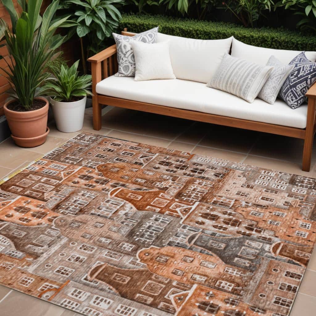 HomeRoots Village Houses Transitional Rectangle Outdoor Rug