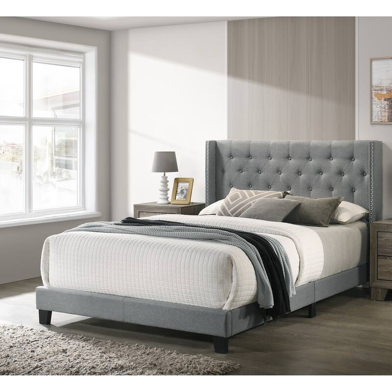 Twin Size Wingback Gray Polyester Fabric Button-tufted Nailhead Trim French Country Style Bed