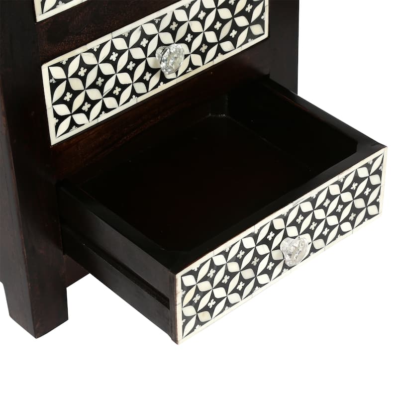 Roomfitters Bohemian Bedside Table, Solid Wood Nightstand with Bone Inlay Pattern and Crystal Knobs, Black + Dark Walnut