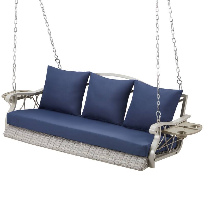3-Person Wicker Patio Swing with Cushions & Pillows - Grey/Blue