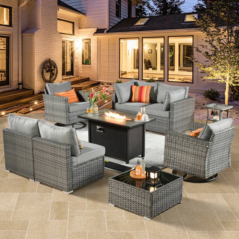 HOOOWOOO 9-piece Grey Rattan Outdoor Furniture Fire Pit Set with Swivel Chairs
