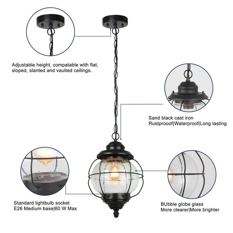 Modern Farmhouse Black 1-Light Outdoor Pendant Light Glass Patio Lantern Lamp - D10" X H12"