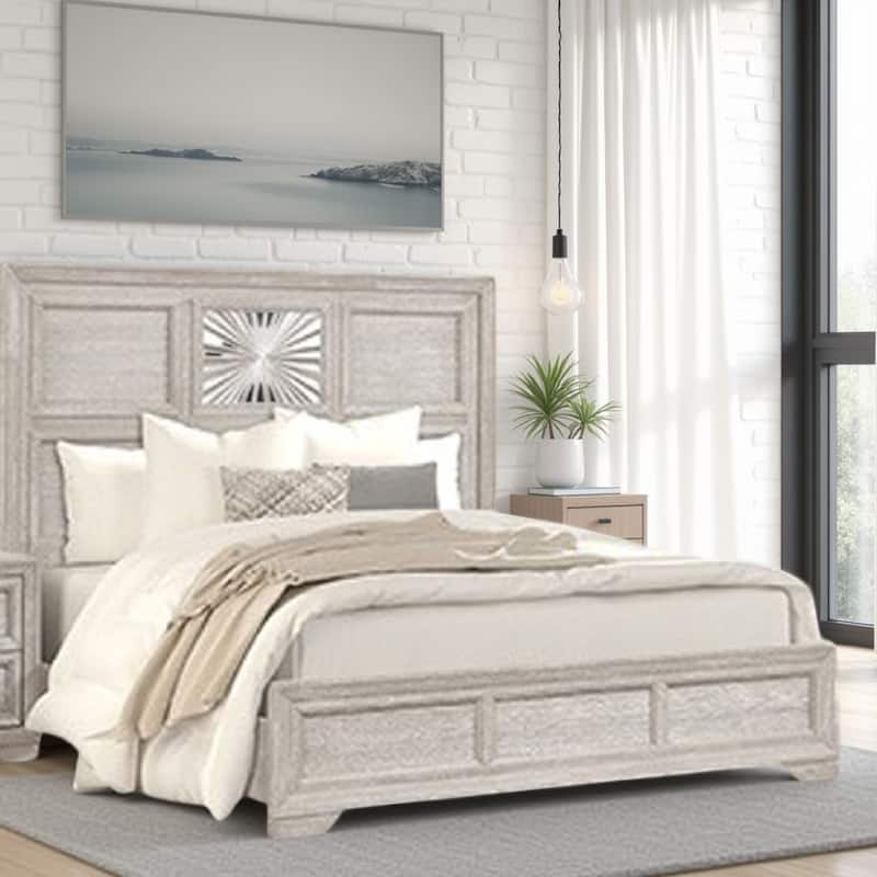 Diaz King Bed, Sunburst Pattern and Recessed Panel, Light Gray Wood