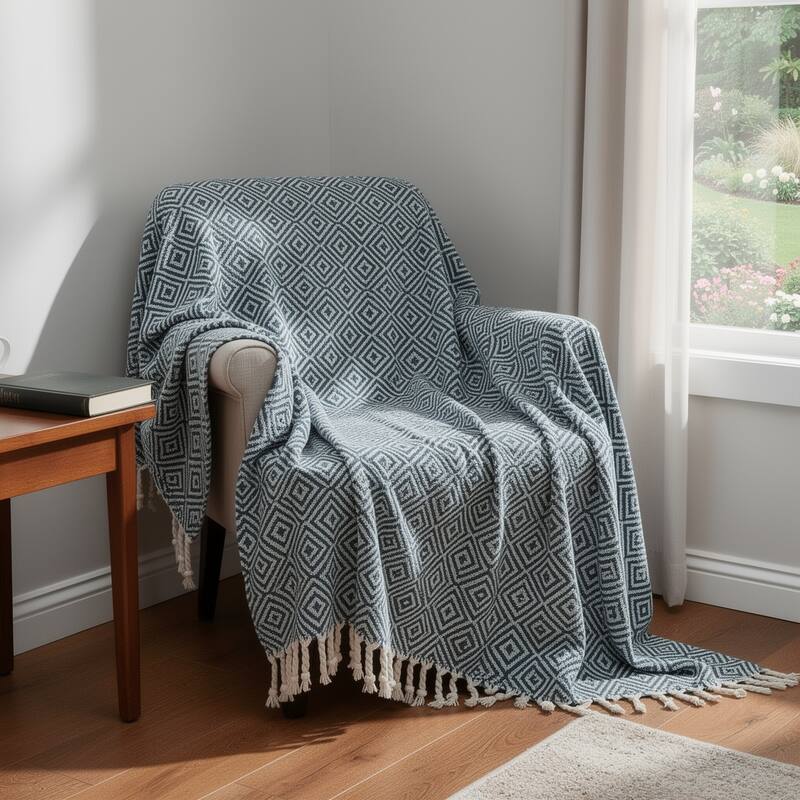 HomeRoots 50" X 60" Navy Blue Cotton Woven Geometric Throw Blanket with Fringe - Throw - Navy Blue