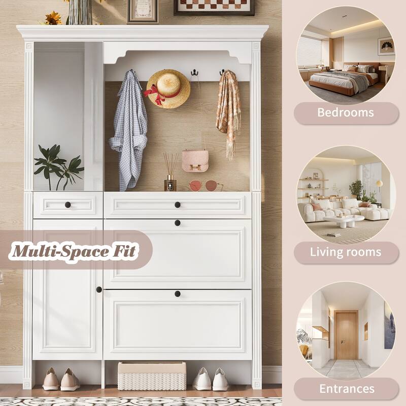 54.7in Hall Tree with Integrated Shoe Cabinet and Mirrored Cabinet Door