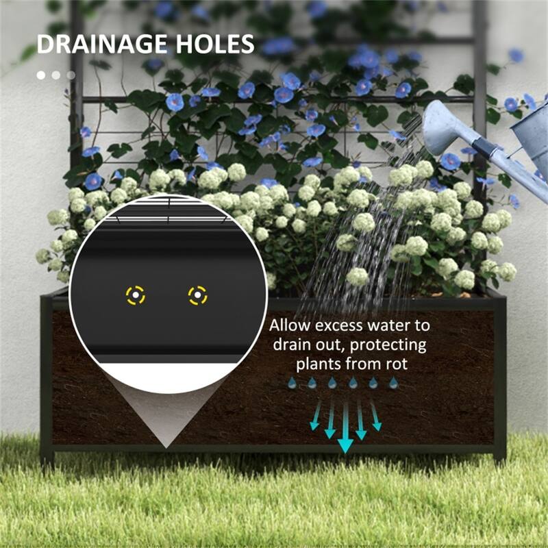Black Galvanized Steel Raised Garden Bed with Trellis and Drainage - 35.4" W x 15.7" D x 47.2" H