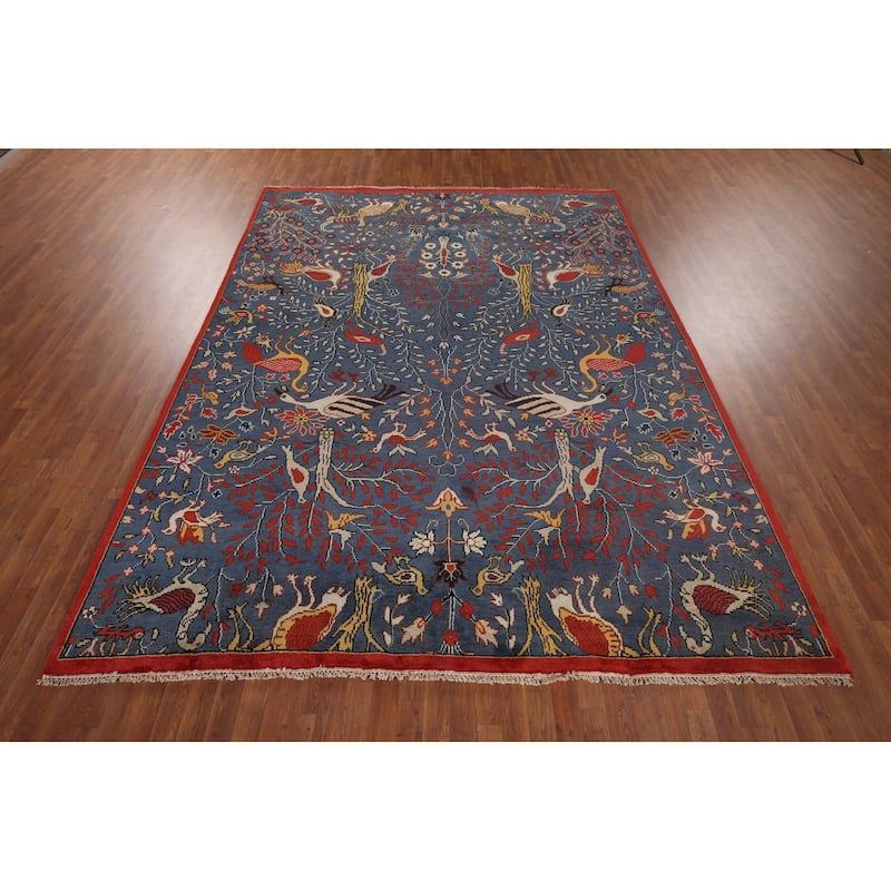 Animals Design Blue Ziegler Oriental Area Rug Handmade Wool Carpet - 8'3"x 11'7"