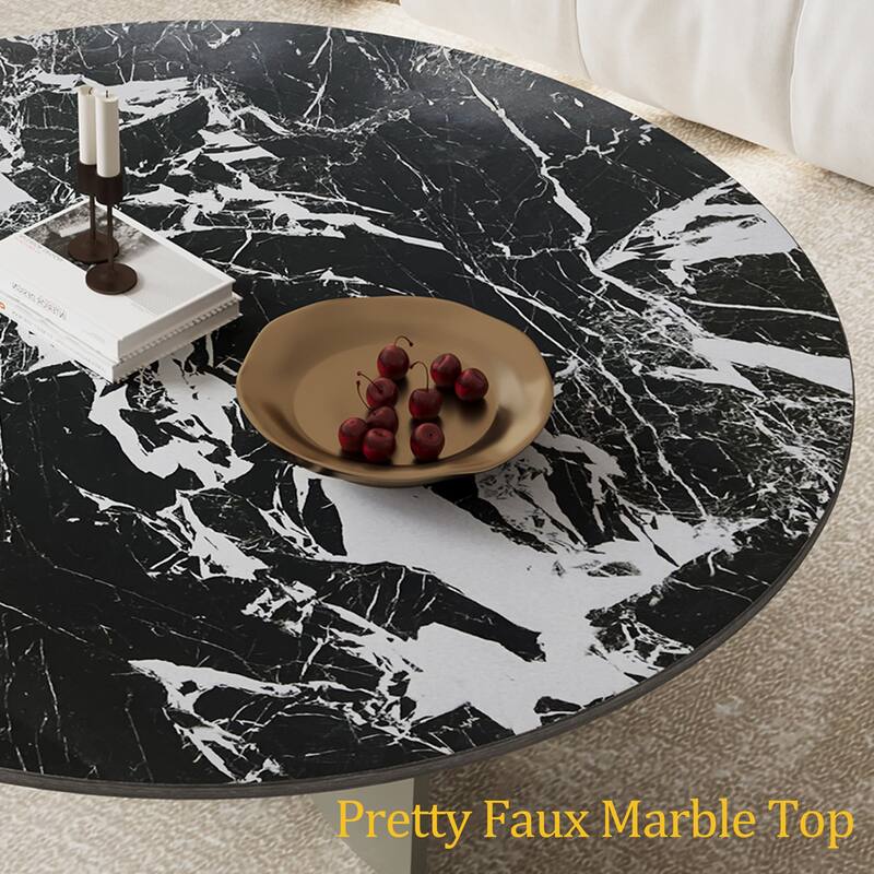 35.43" Modern Black Round Coffee Table, Glossy Faux Marble table top, Gold Stainless Steel Legs