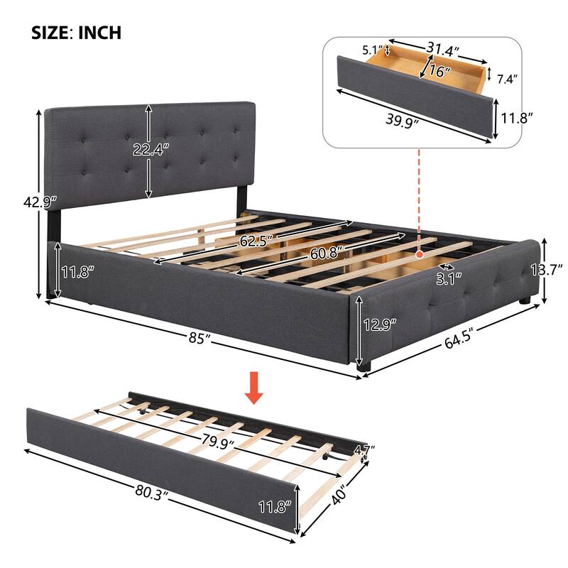 Queen Size Upholstered Platform Bed with 2 Drawers & Twin XL Trundle