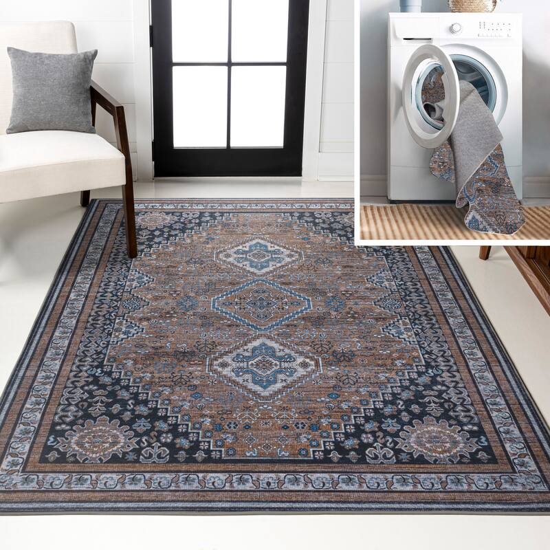 JONATHAN Y Didim Geometric Medallions Machine Washable Area Rug - 4 X 6 - Brown/Blue/Gray