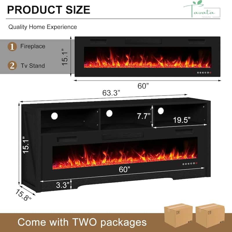 BOSSIN 65" Electric Fireplace TV Stand , Entertainment Center for TVs up to 75" with Open Shelves, Black