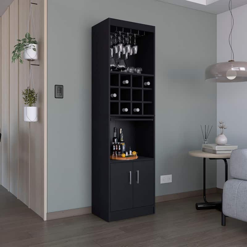 71"Tall Bar Cabinet 5-Tier Modern Bar Cabinet with Glass Holder Stemware Rack,Wine Cabinet,12 Bottle Cubbies,5 Shelves - Black