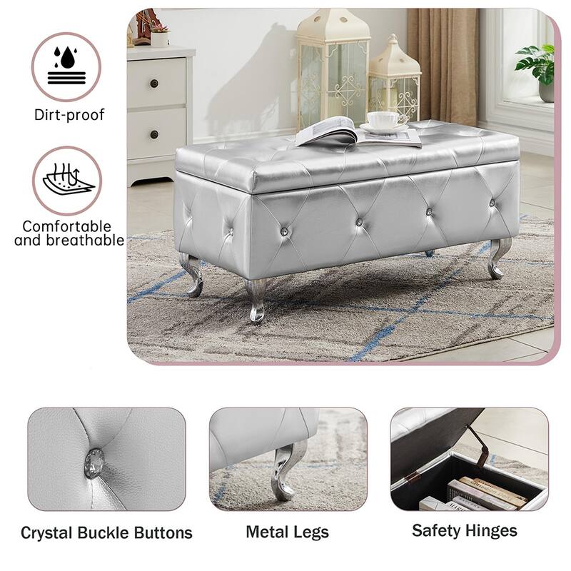 Luxury Storage Ottoman Bench, PU Upholstered Flip Top Ottoman