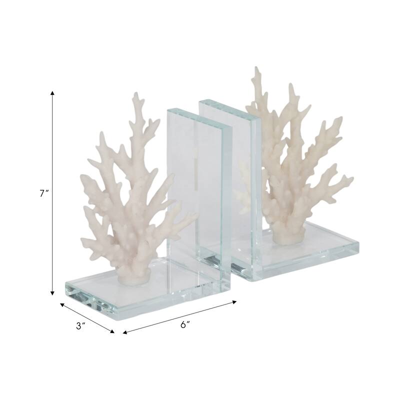Decorative Costal Coral Accent on Glass Base Bookends - 7", White - 7.25"