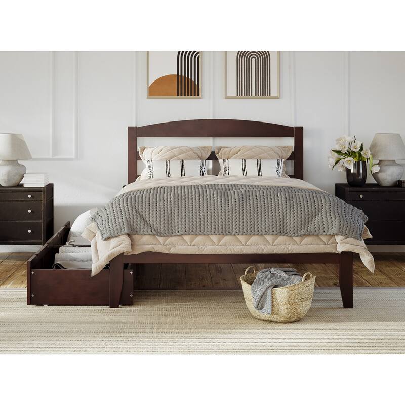 Platform Bed with Drawers, Full Size Bed Frame, Solid Wood & Veneer, Walnut Finish, Modern Bedroom Furniture
