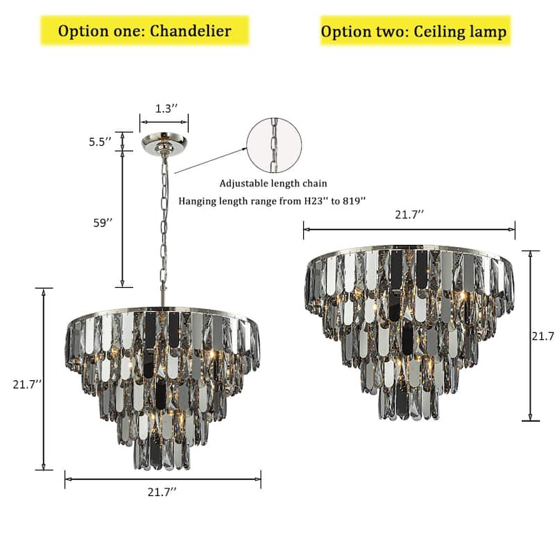 CraftHome Dimmable Modern Smoked Crystal Chandelier Contemporary Round Polished Nickel Pendant Light Fixture
