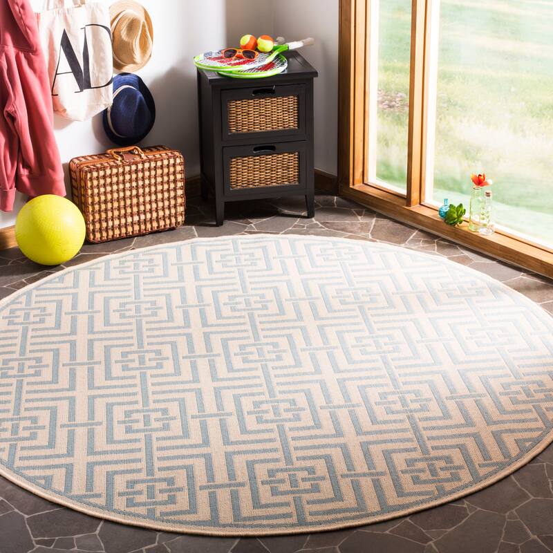 SAFAVIEH Linden Darla Indoor/ Outdoor Waterproof Patio Backyard Rug - 6'7" Round - Cream/Aqua