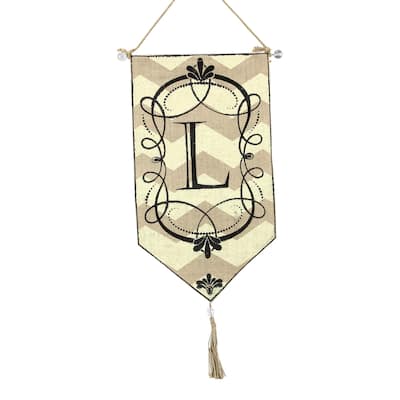 Monogram L Chevron Print Burlap 23 Inch Pennant Door Hanging Flag - Brown