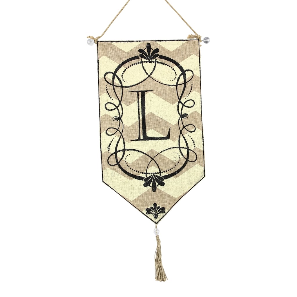 Monogram L Chevron Print Burlap 23 Inch Pennant Door Hanging Flag - Brown