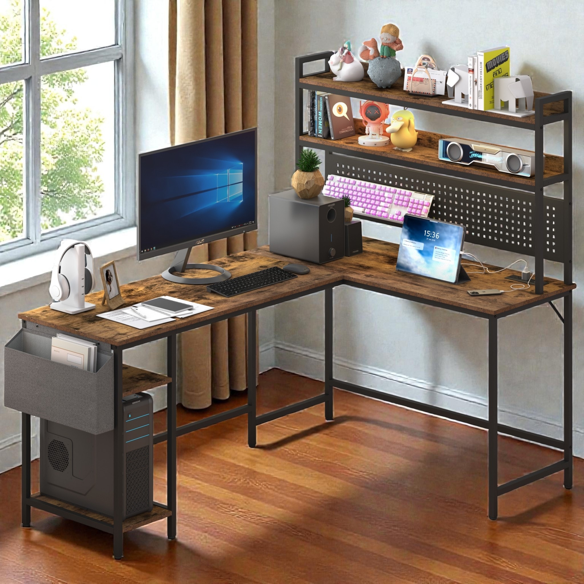 Reversible L Shaped Computer Desk with Power Outlet and LED Lights, Gaming Office Desk with Storage Shelves and Monitor Stand