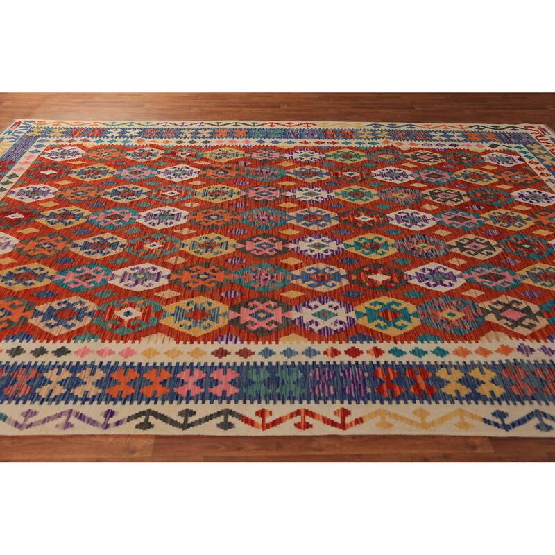 All-Over Geometric Kilim Oriental Area Rug Hand-Woven Wool Carpet - 8'5"x 11'11"