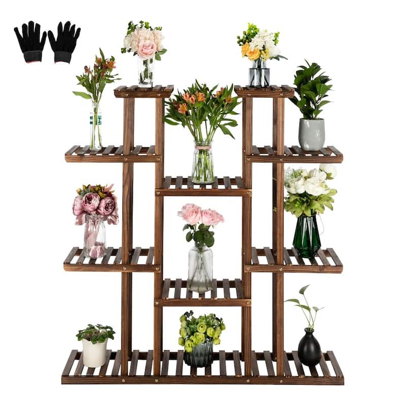 6-Story 11-Seat Multifunctional Carbonized Wood Plant Stand Indoor And Outdoor