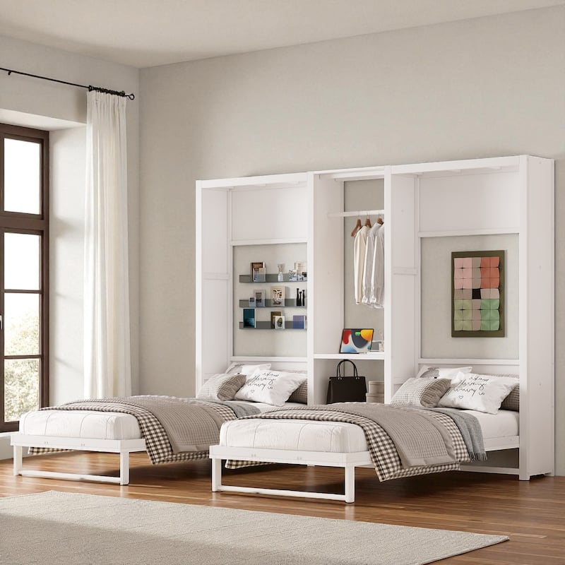 Twin and Twin Foldable Murphy Bed with Wardrobe, Shelves & Power Outlets, 2-in-1 Metal Space-Saving Wall Bed Design