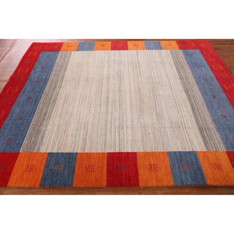 Hand Knotted Oriental 100% Wool Carpet Tribal Bordered Beige & Ivories Gabbeh Area Rug - 7' 11'' X 6' 9''