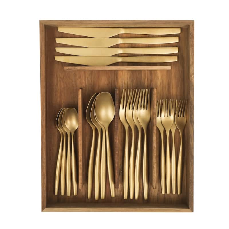 Bloomhouse 20 Piece Flatware 18/10 Stainless Steel Silverware Cutlery Utensil Set With Acacia Wood Caddy - Service for 4 - Stone Washed Gold