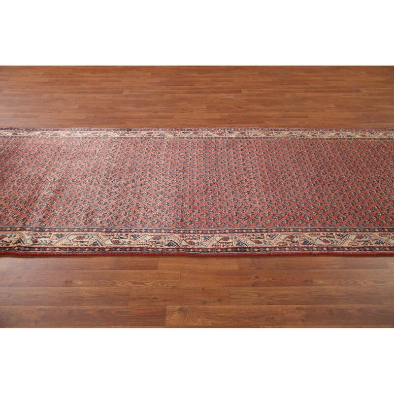 Hand Knotted Oriental 100% Wool Carpet Traditional All-Over Red Botemir Runner Rug - 10' 8'' X 3' 8''