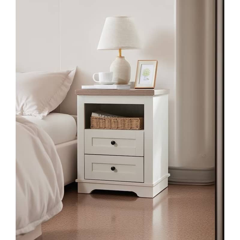 Nightstand with 2 Drawers, Couch Side Table with Wooden Tabletop, Bedroom Coffee Table with Open Storage Shelf