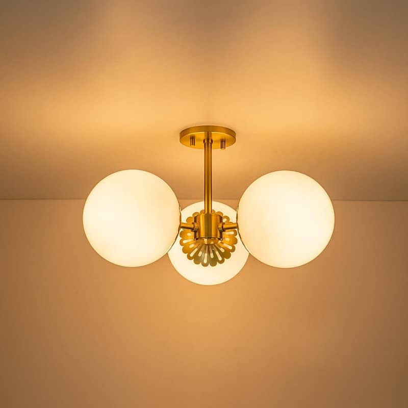 3-Light Mid-century Modern Opal Glass Globe Semi-flush Mount - Brass